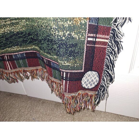 Vintage Ladies Golf Themed Plaid Border Fringed Throw Blanket FLAW - Picture 4 of 11
